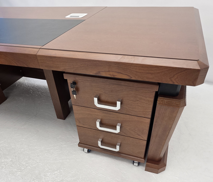 Light Walnut Real Wood Veneer Chunky Executive CEO Manager Office Desk - With Pedestal and Return - 2800mm - N9P281