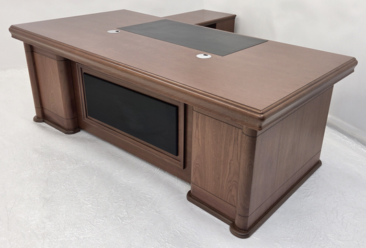 Light Walnut Real Wood Veneer Executive Office Desk With Elegant Curved Detailing - With Pedestal and Return - 1800mm, 2000mm, 2200mm or 2400mm - 7F211