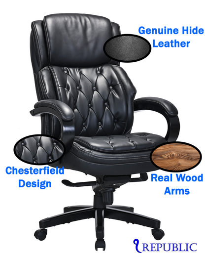 Genuine Black Leather Chesterfield Executive Chair with Wooden Arms & Sprung Seat – 2027E