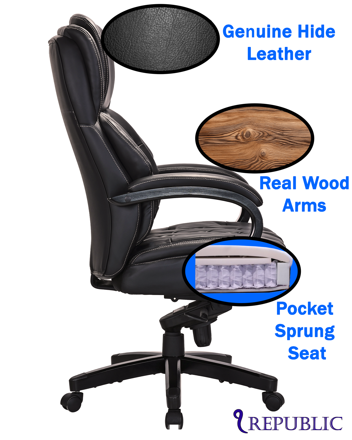 Genuine Black Leather Chesterfield Executive Chair with Wooden Arms & Sprung Seat – 2027E