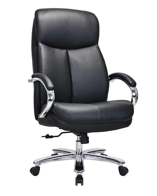 Heavy-Duty 180kg Leather Executive Office Chair with XL Seat & Chrome Arms – Black - 2183E