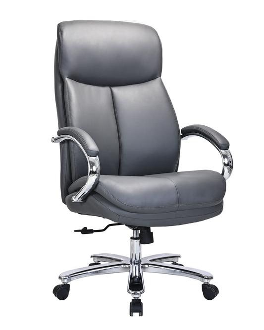 Heavy-Duty 180kg Leather Executive Office Chair with XL Seat & Chrome Arms – Grey - 2183E