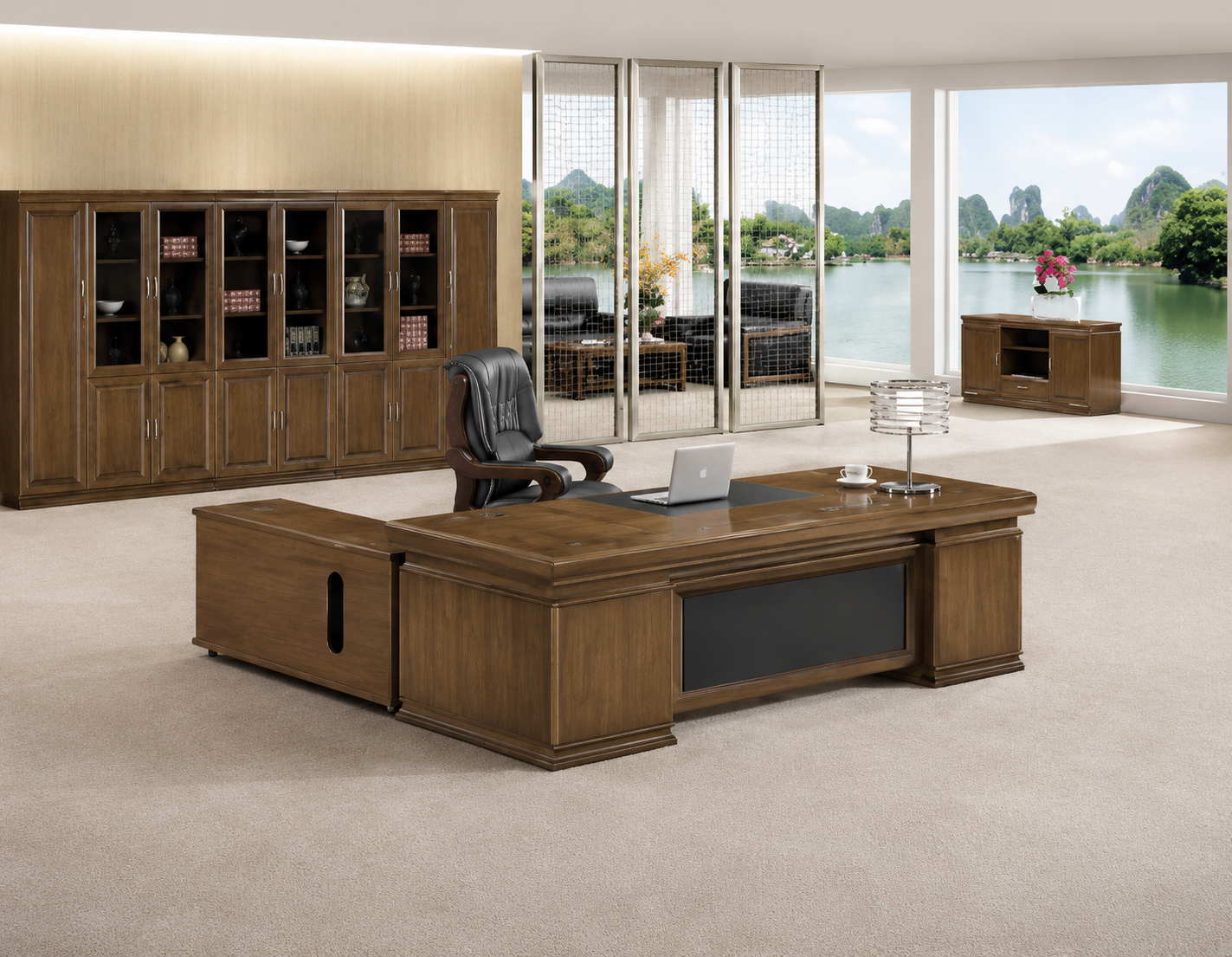 Large Light Walnut Real Wood Veneer Executive Office Desk with Black Leather - 2200mm / 2400mm / 2600mm / 2800mm - 3PK241
