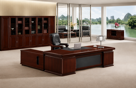 Large Walnut Real Wood Veneer Executive Office Desk with Black Leather - 2200mm / 2400mm / 2600mm / 2800mm - 3PK241