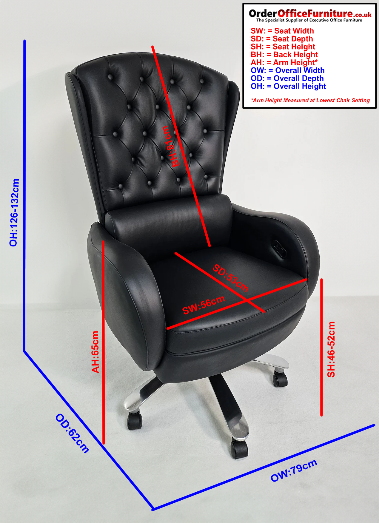 Genuine Black Leather High Back Executive Office Chair with Chesterfield Design -  6002HL