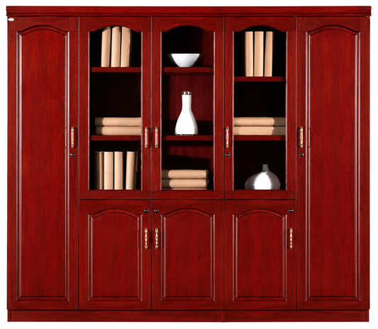 Real Cherry Rosewood Wood Veneer Executive Five Door Bookcase Office Storage - 2500mm - 6602