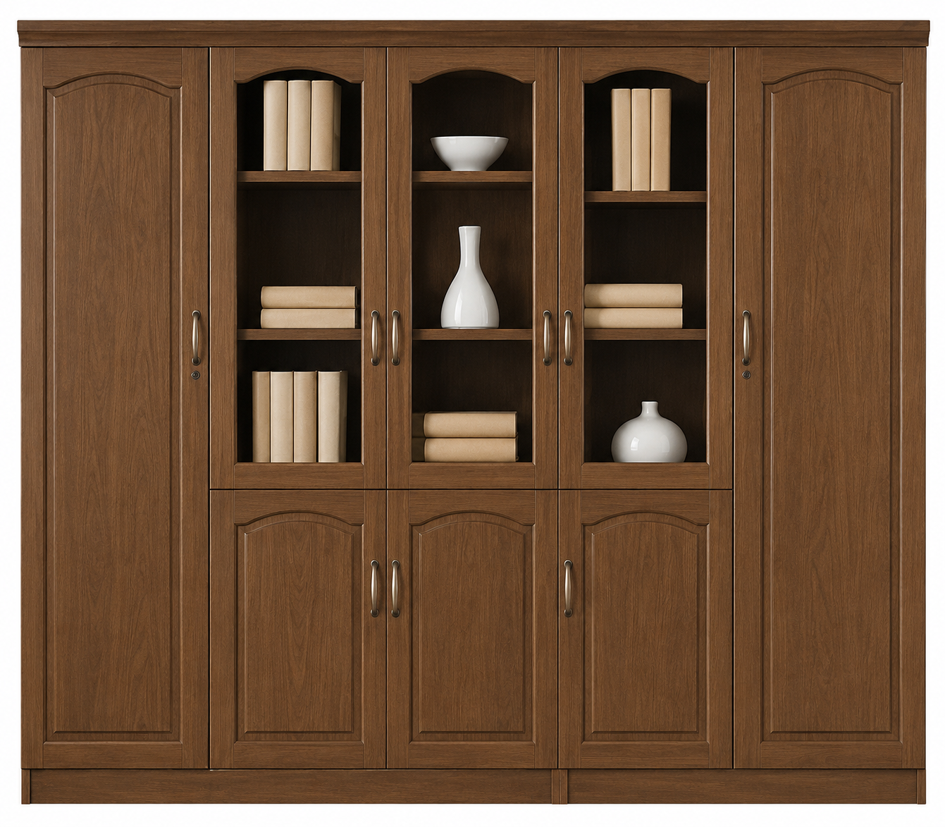 Real Light Walnut Wood Veneer Executive Five Door Bookcase Office Storage - 2500mm - 6602