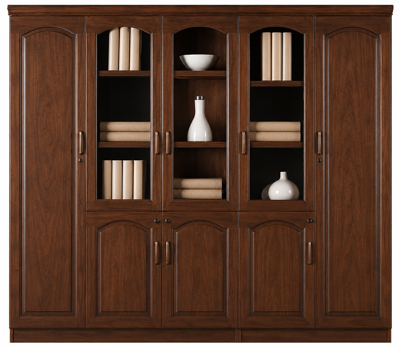 Real Walnut Wood Veneer Executive Five Door Bookcase Office Storage - 2500mm - 6602