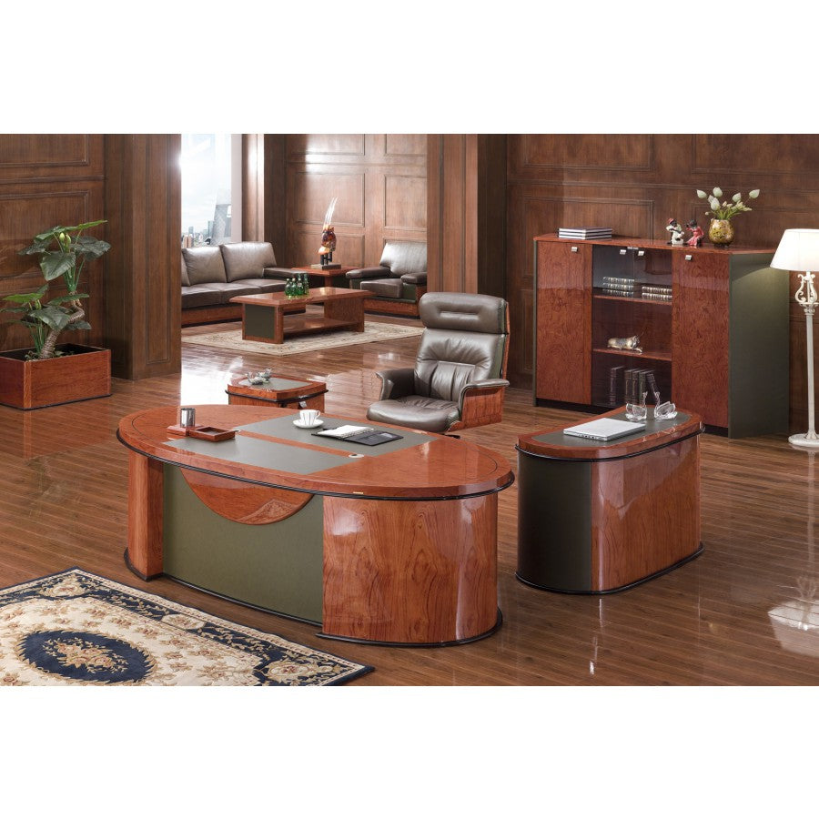 Stunning Rosewood Executive Office Desk with Olive Leather Paneling - With Pedestal and Return - 6865