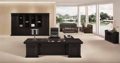 Large Black Ash Real Wood Veneer Executive Office Desk with Pedestal and Side Return - 2400mm / 2600mm / 2800mm - 7G241
