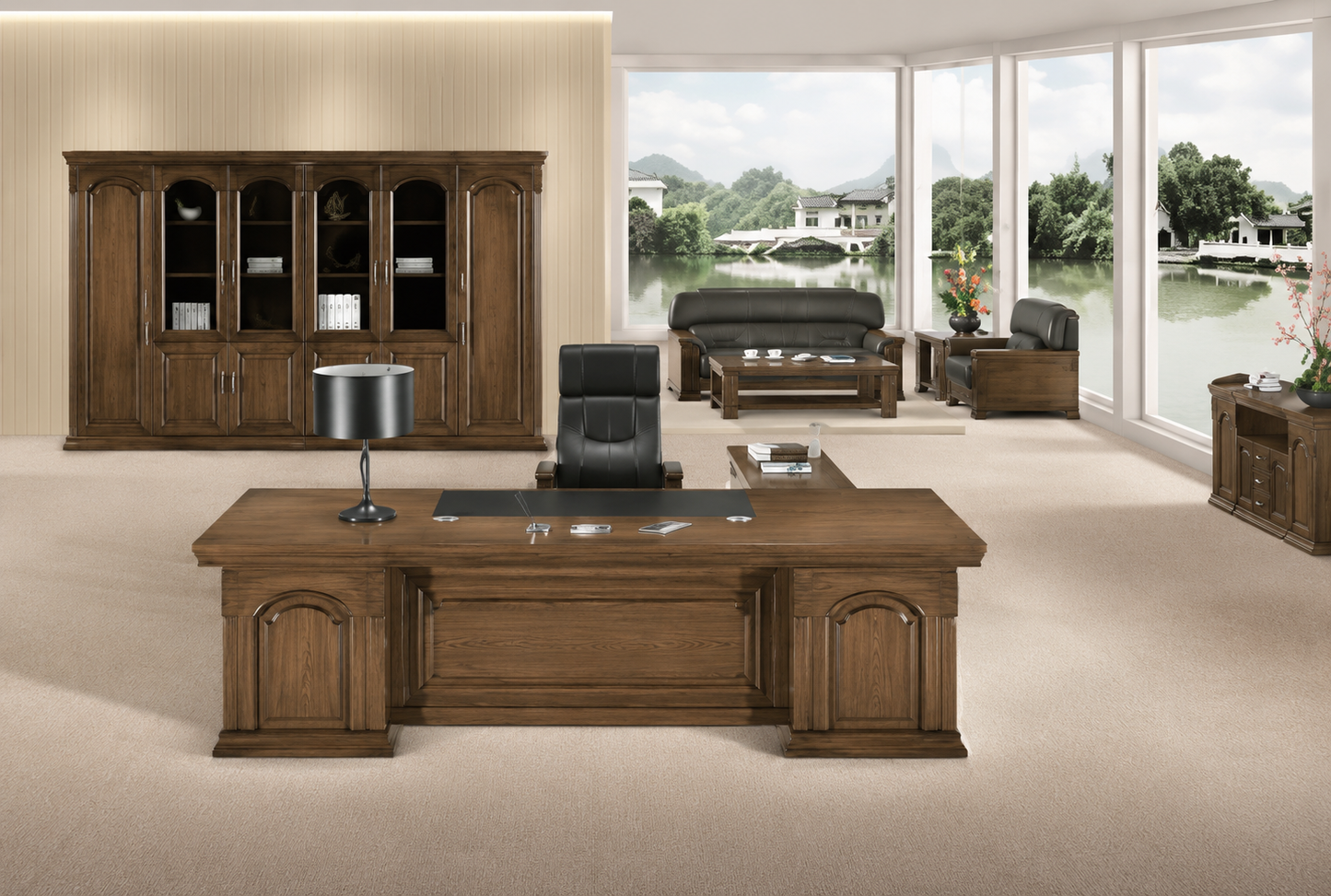 Large Light Walnut Real Wood Veneer Executive Office Desk with Pedestal and Side Return - 2400mm / 2600mm / 2800mm - 7G241