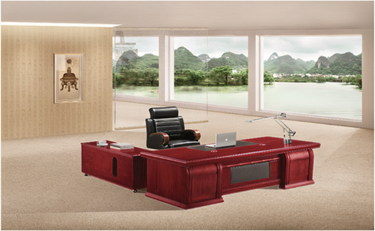 Large Cherry Rosewood Real Wood Veneer Executive Office Desk with Black Leather Detailing - with Pedestal and Return - 2200mm or 2400mm - 7H241K