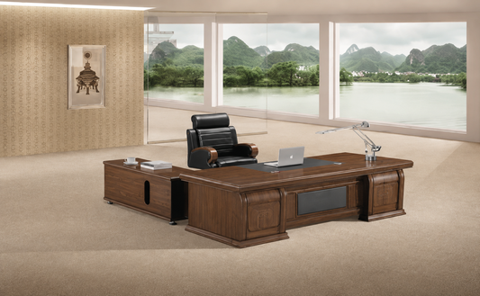 Large Light Walnut Real Wood Veneer Executive Office Desk with Black Leather Detailing - with Pedestal and Return - 2200mm or 2400mm - 7H241K