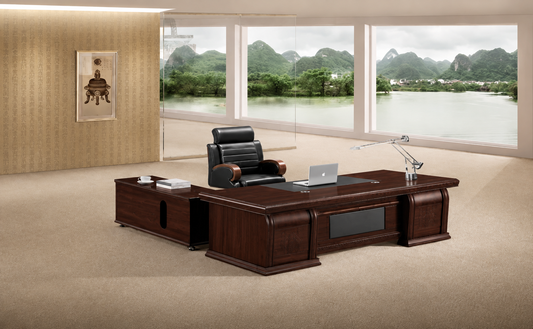 Large Walnut Real Wood Veneer Executive Office Desk with Black Leather Detailing - with Pedestal and Return - 2200mm or 2400mm - 7H241K