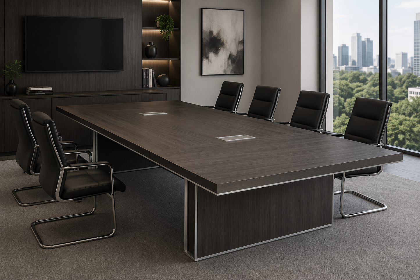 Large Modern Grey Oak Boardroom Table with Silver Aluminum Edging - 3200mm - BJS-C1232