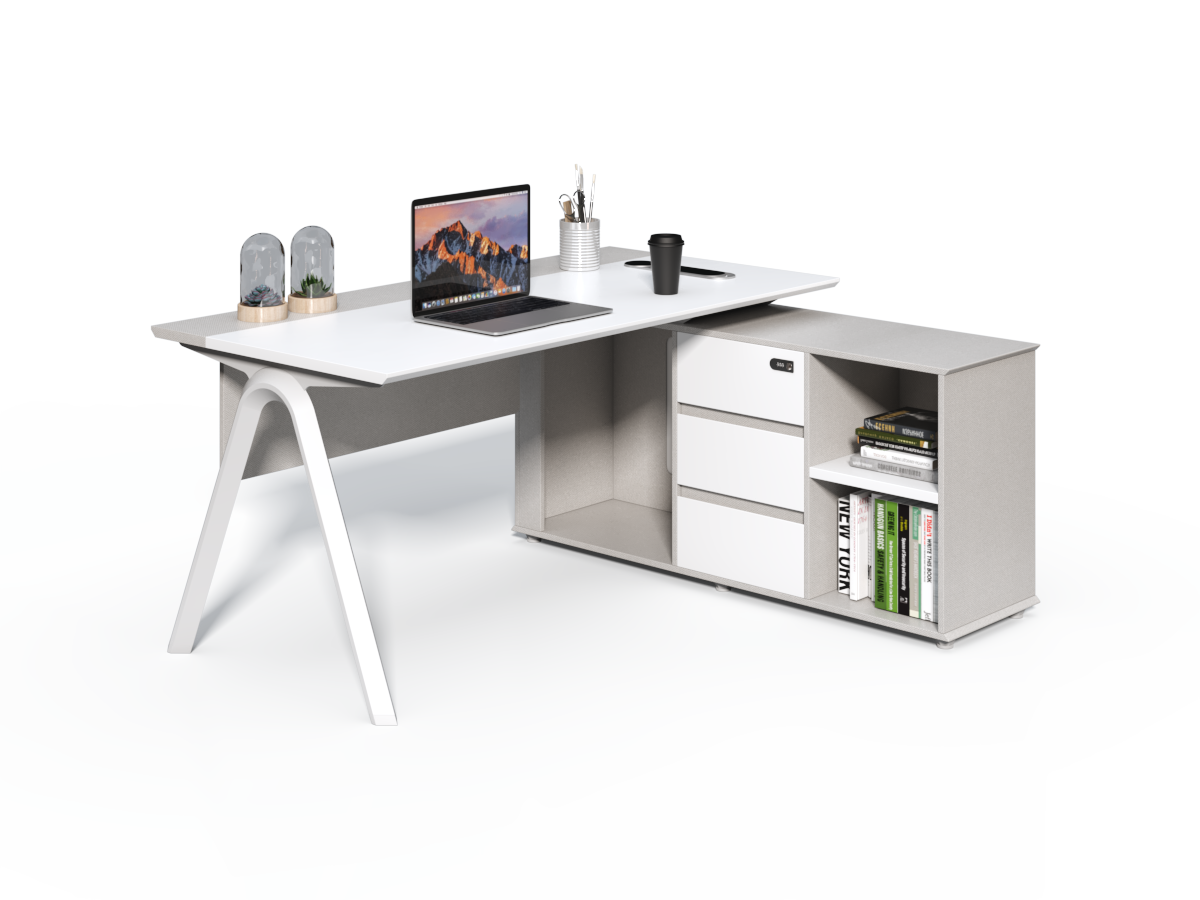 Contemporary Modern Corner Executive Office Desk with Stylish Metal Leg and Integrated Desktop Power - White and Beige Oatmeal - 1400mm, 1600mm, 1800mm - CF-CRN-E