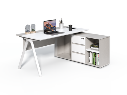 Contemporary Modern Corner Executive Office Desk with Stylish Metal Leg and Integrated Desktop Power - White and Beige Oatmeal - 1400mm, 1600mm, 1800mm - CF-CRN-E