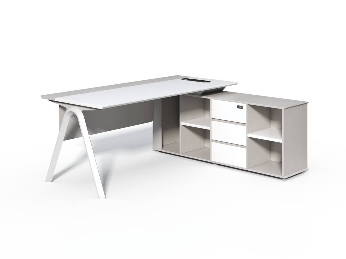 Contemporary Modern Corner Executive Office Desk with Stylish Metal Leg and Integrated Desktop Power - White and Beige Oatmeal - 1400mm, 1600mm, 1800mm - CF-CRN-E
