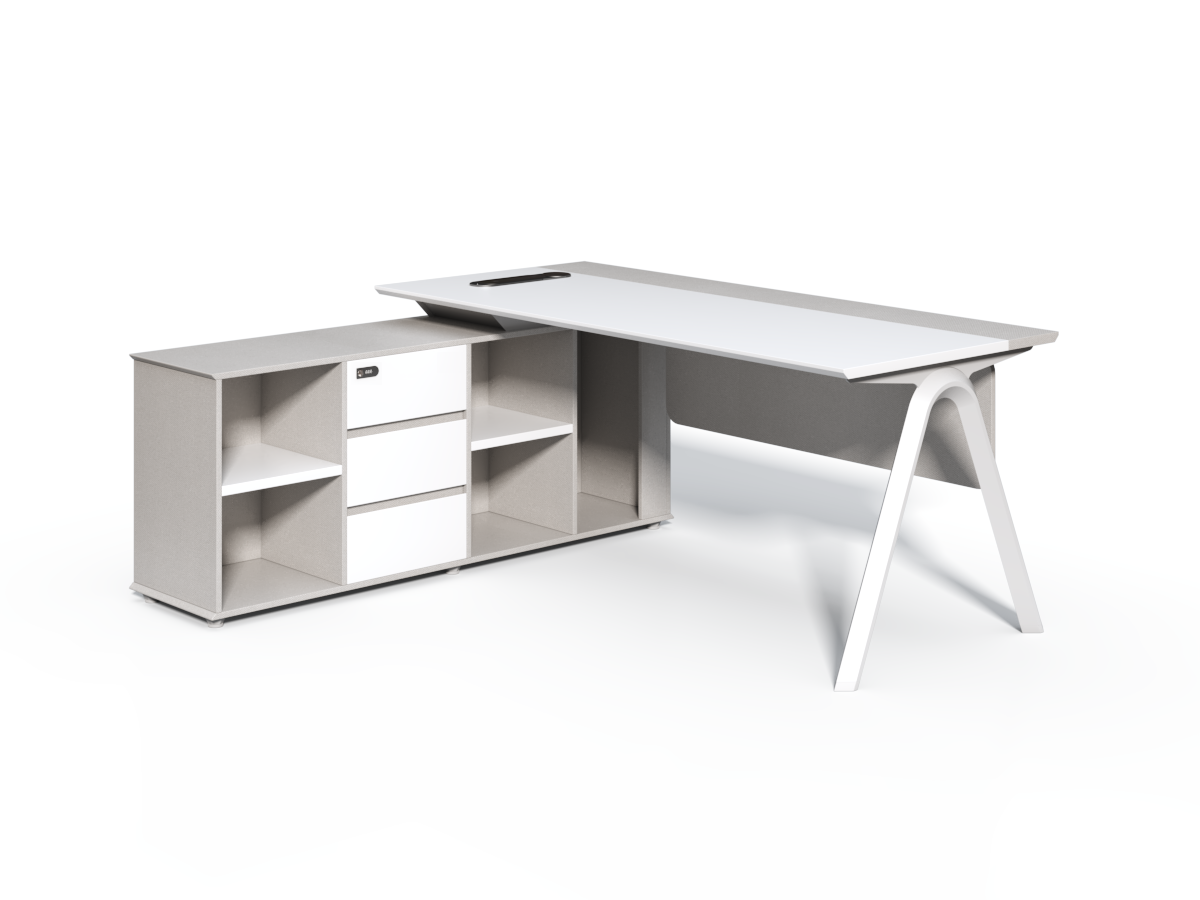 Contemporary Modern Corner Executive Office Desk with Stylish Metal Leg and Integrated Desktop Power - White and Beige Oatmeal - 1400mm, 1600mm, 1800mm - CF-CRN-E