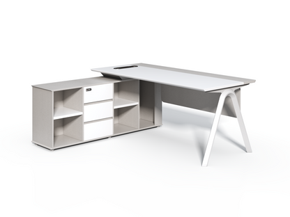 Contemporary Modern Corner Executive Office Desk with Stylish Metal Leg and Integrated Desktop Power - White and Beige Oatmeal - 1400mm, 1600mm, 1800mm - CF-CRN-E