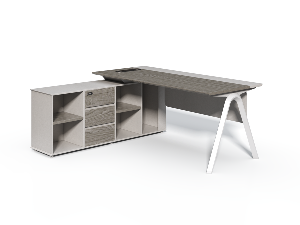 Contemporary Modern Corner Executive Office Desk with Stylish Metal Leg and Integrated Desktop Power - Oak and Beige Oatmeal - 1400mm, 1600mm, 1800mm - CF-CRN-E