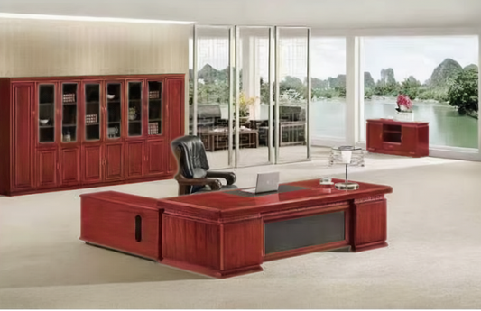 Large Cherry Rosewood Real Wood Veneer Executive Office Desk with Black Leather - 2200mm / 2400mm / 2600mm / 2800mm - 3PK241