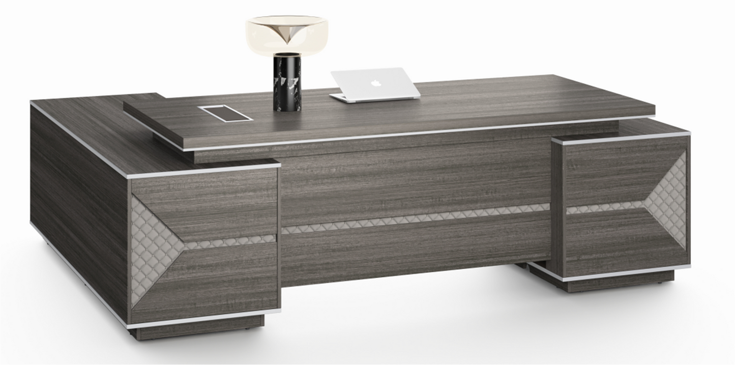 Large Modern Grey Oak Executive Corner Office Desk with Stylish Grey Leather Design - With Cupboard and Return - 2800mm - DG25-D02