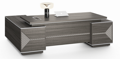Large Modern Grey Oak Executive Corner Office Desk with Stylish Grey Leather Design - With Cupboard and Return - 2800mm - DG25-D02