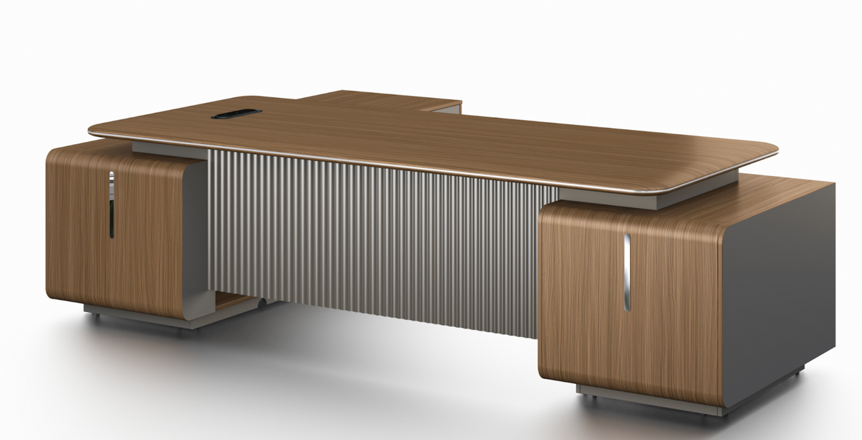 Premium Large Executive Corner Office Desk in American Walnut Melamine - Desktop Power Included - 2800mm - DG27-D022