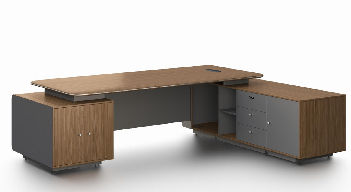 Premium Large Executive Corner Office Desk in American Walnut Melamine - Desktop Power Included - 2800mm - DG27-D022