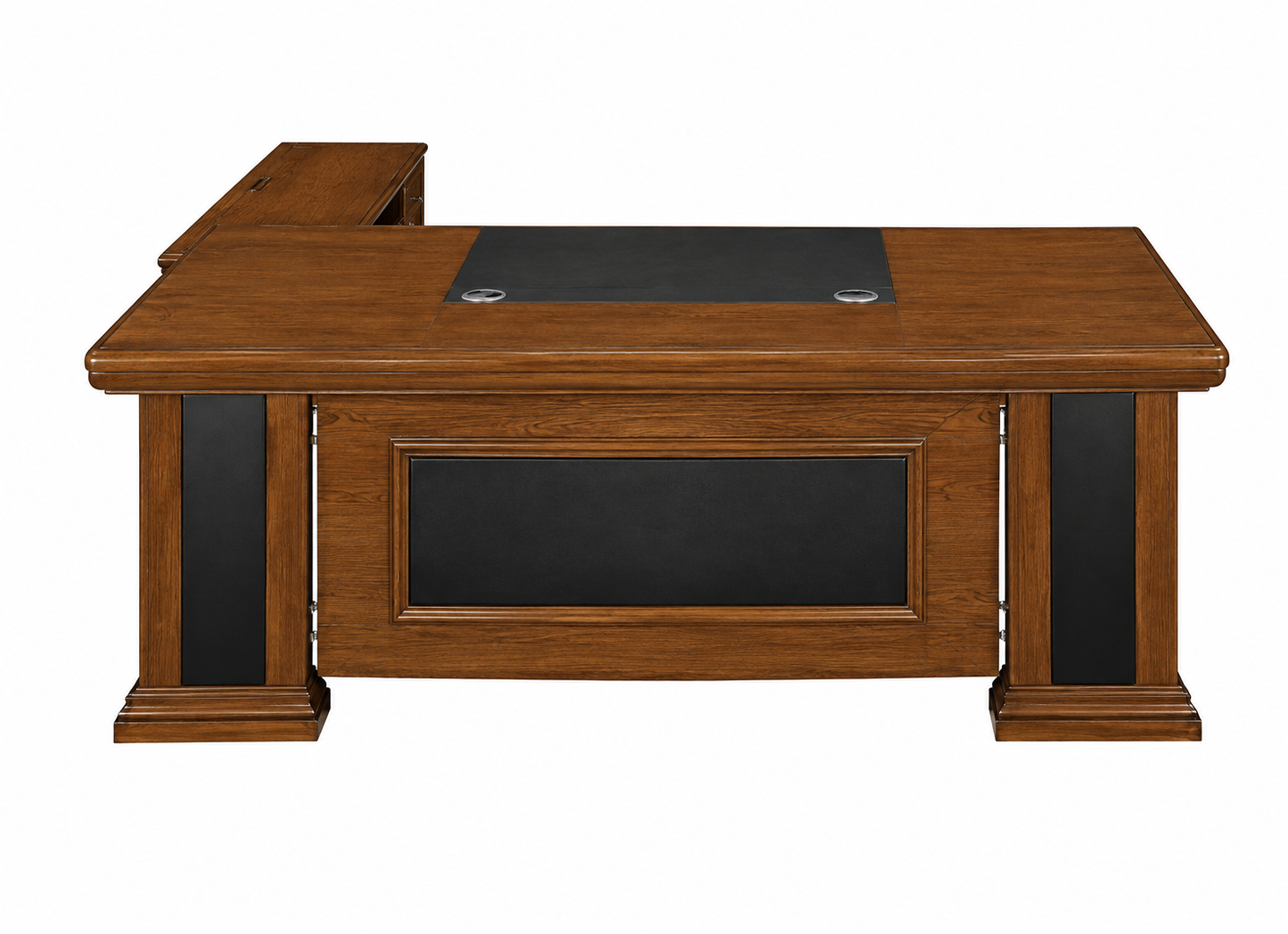 Traditional Light Walnut Real Wood Veneer Curved Executive Office Desk with Black Leather Detailing - With Pedestal and Return - 1800mm / 2000mm / 2200mm - EMP-DSK21