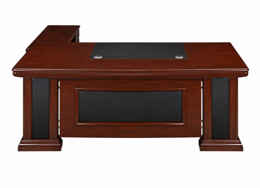 Traditional Walnut Real Wood Veneer Curved Executive Office Desk with Black Leather Detailing - With Pedestal and Return - 1800mm / 2000mm / 2200mm - EMP-DSK21