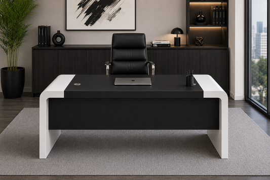 Prosparae Gloss White Executive Desk with Black Leather Top - Pedestal and Return - 1600mm, 1800mm, 2000mm - G203