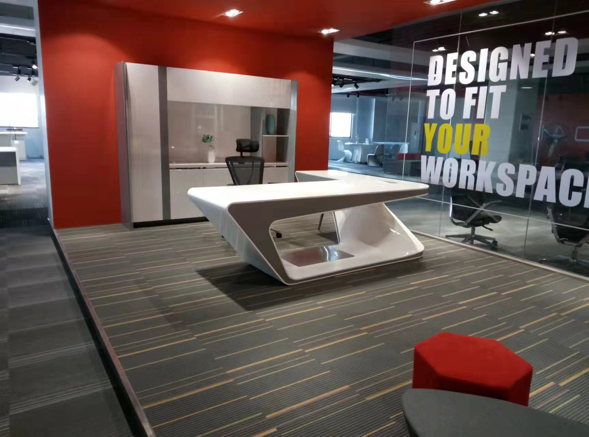 Contemporary L Shape Unique White Gloss Office Desk - 2200mm to 2400mm - GL7825
