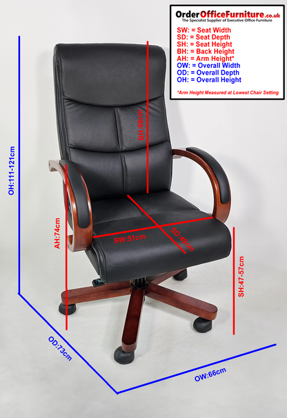 Genuine Burgundy Leather Executive Office Chair with Curved Walnut Arms - H-073