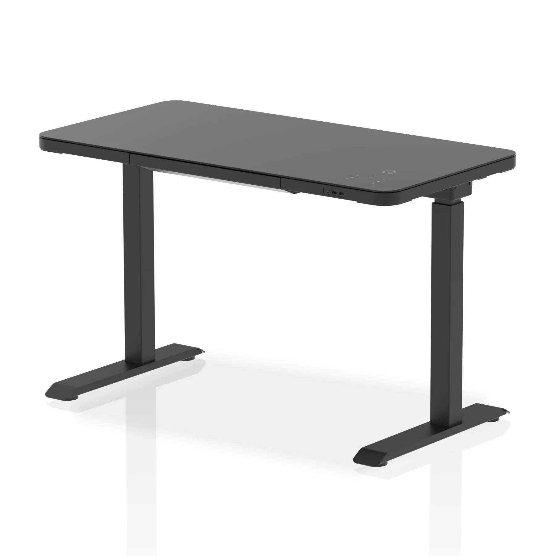 Ice Height Adjustable Black Glass Home Office Desk - 1145mm - Wireless Phone Charging Intergrated