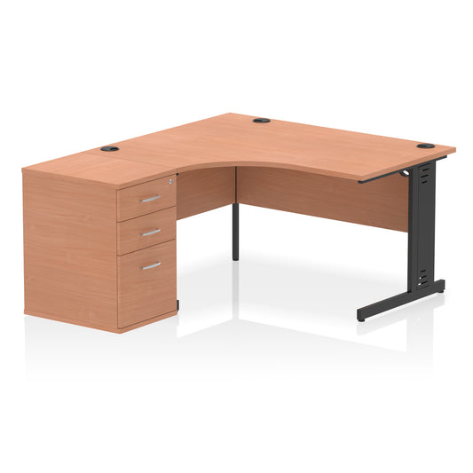 Impulse Cable Managed Left Hand Crescent Desk Workstation with Pedestal - 1400mm - Multiple Colour Options
