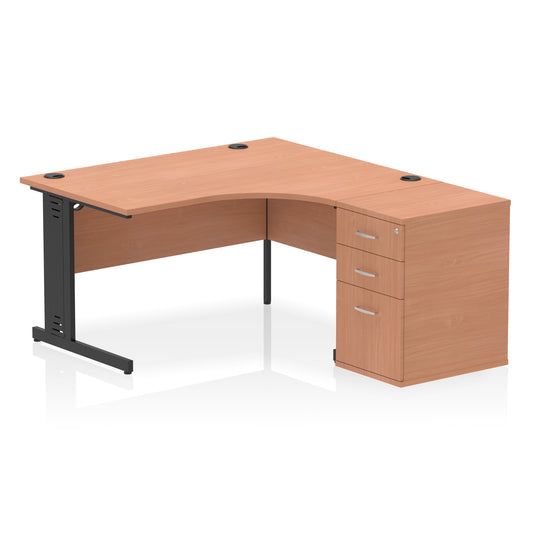 Impulse Cable Managed Right Hand Crescent Desk Workstation with Pedestal - 1400mm - Multiple Colour Options