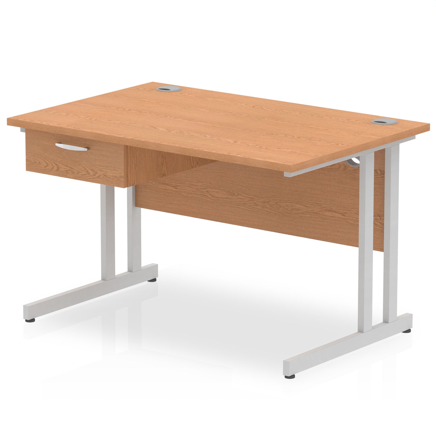 Impulse Cantilever Straight Desk Silver Frame With Single One Drawer Fixed Pedestal - 1200mm, 1400mm, 1600mm or 1800mm - Multiple Colour Options