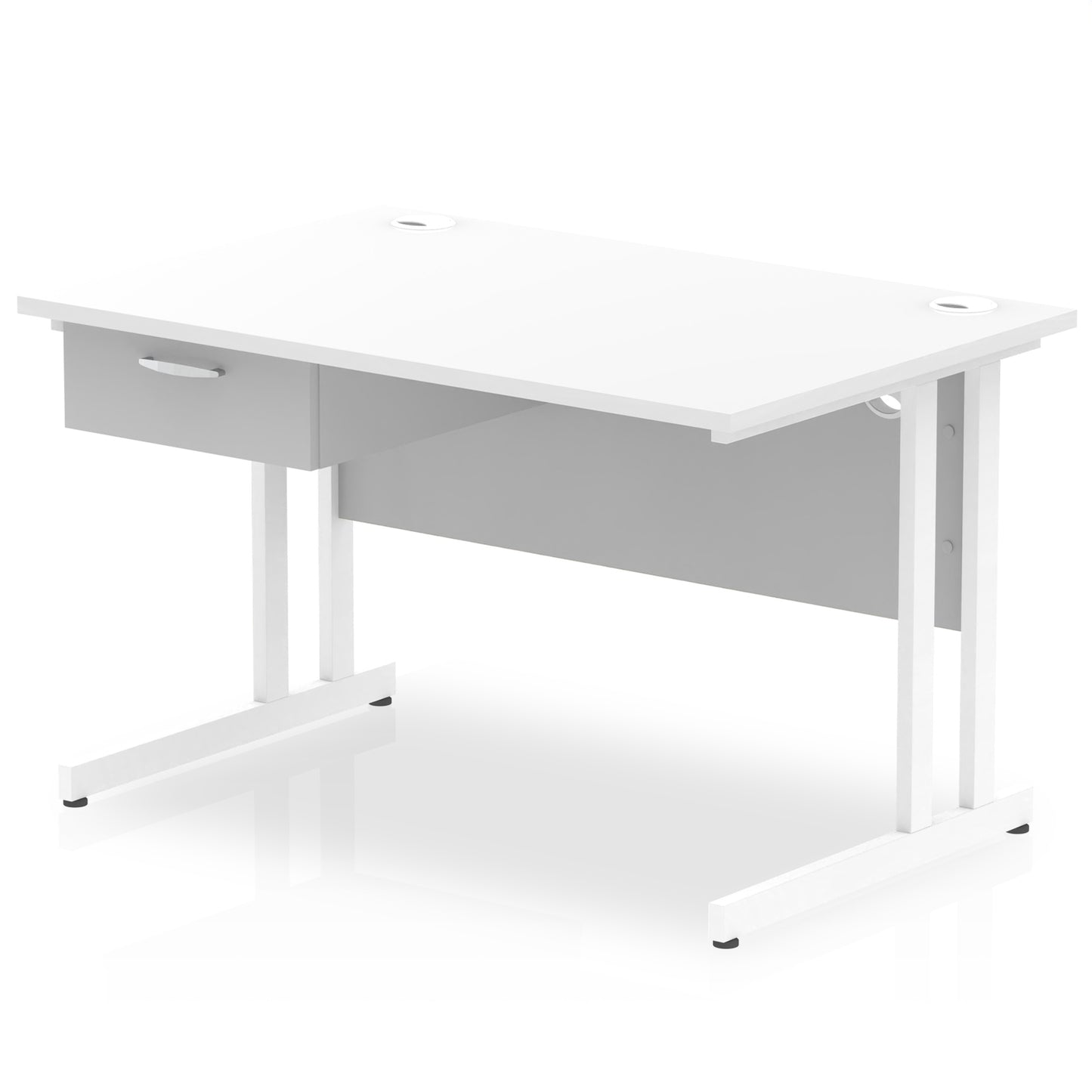 Impulse Cantilever Straight Desk White Frame With Single One Drawer Fixed Pedestal - 1200mm, 1400mm, 1600mm or 1800mm - Multiple Colour Options