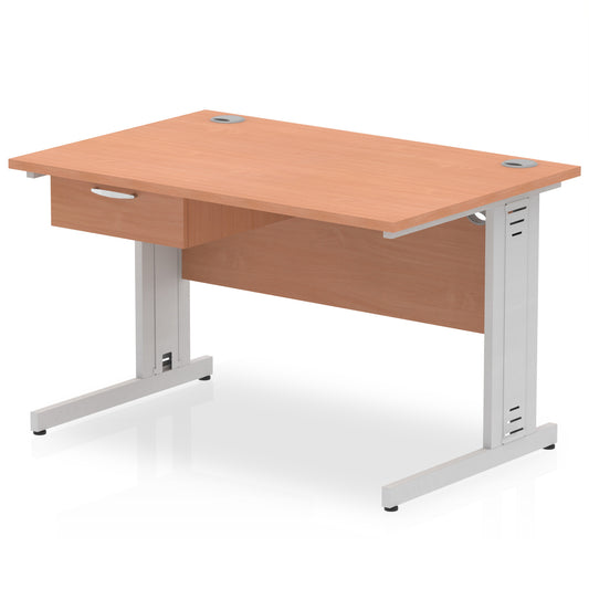 Impulse Cable Managed Straight Desk Silver Frame With Single One Drawer Fixed Pedestal - 1200mm, 1400mm, 1600mm or 1800mm - Multiple Colour Options