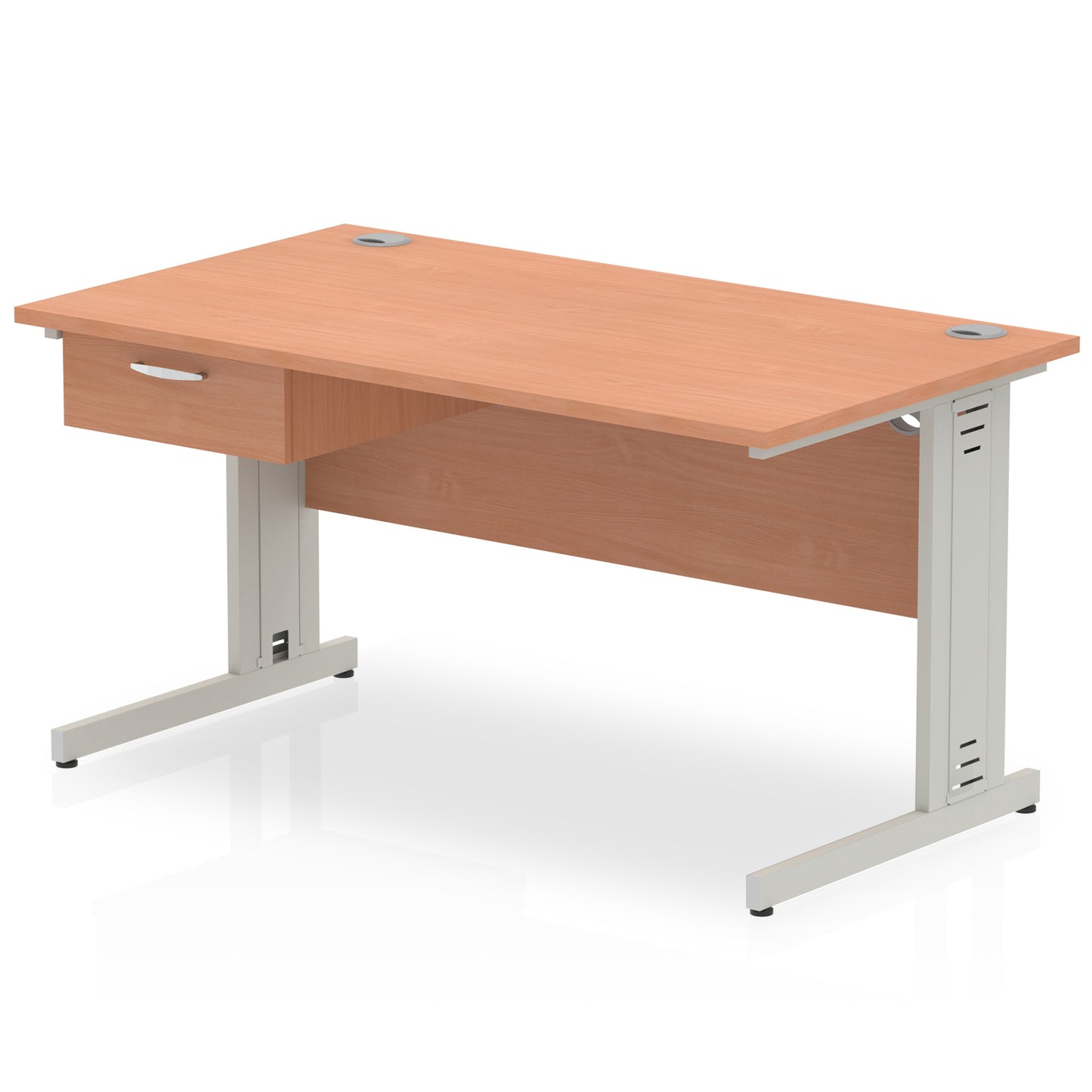 Impulse Cable Managed Straight Desk Silver Frame With Single One Drawer Fixed Pedestal - 1200mm, 1400mm, 1600mm or 1800mm - Multiple Colour Options