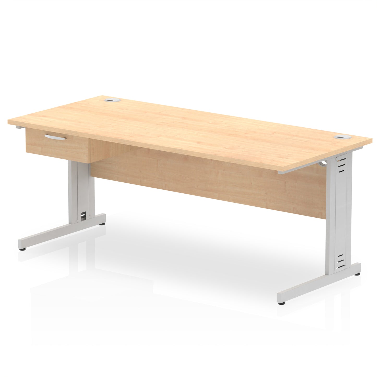 Impulse Cable Managed Straight Desk Silver Frame With Single One Drawer Fixed Pedestal - 1200mm, 1400mm, 1600mm or 1800mm - Multiple Colour Options