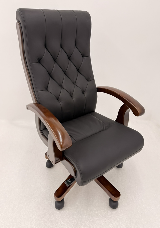 Chesterfield High Back Genuine Black Leather Office Chair with Walnut Veneered Arms - B29