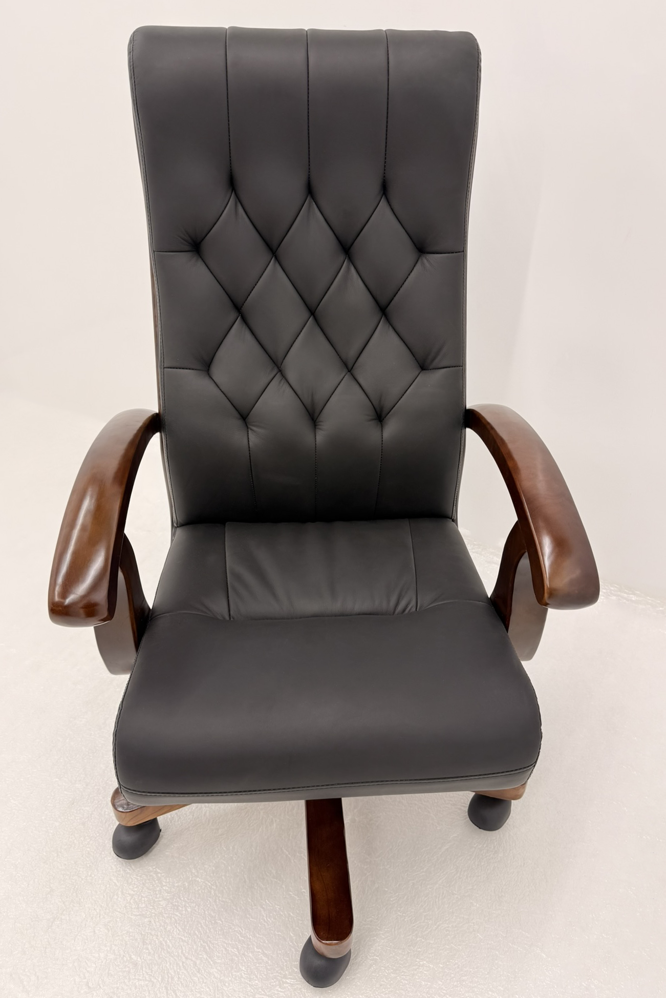 Chesterfield High Back Genuine Black Leather Office Chair with Walnut Veneered Arms - B29