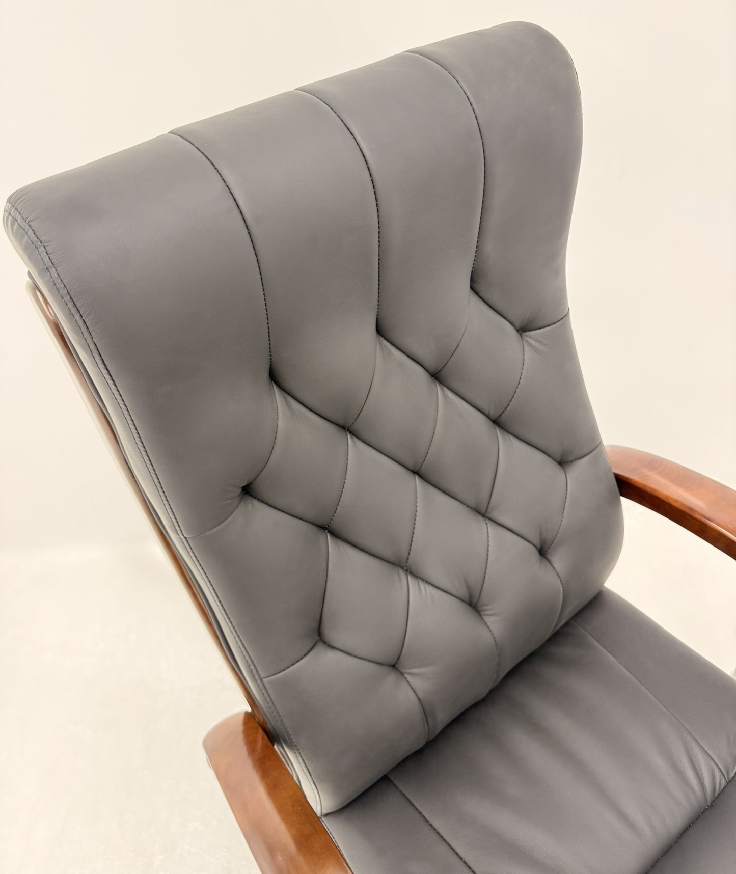 Chesterfield High Back Genuine Black Leather Office Chair with Walnut Veneered Arms - B29