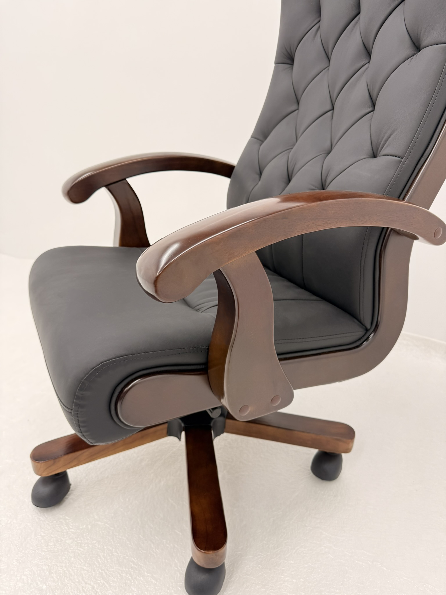 Chesterfield High Back Genuine Black Leather Office Chair with Walnut Veneered Arms - B29