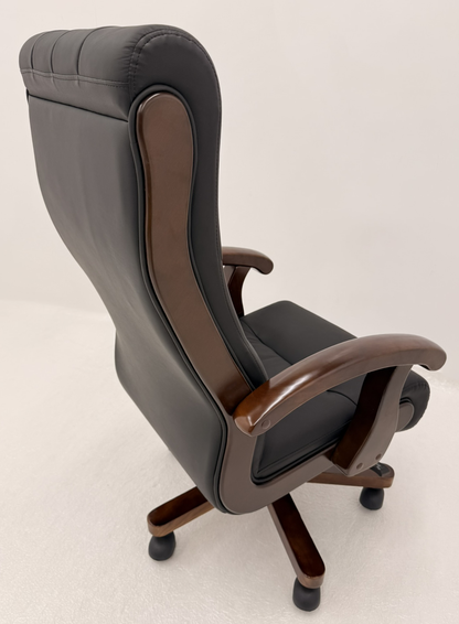 Chesterfield High Back Genuine Black Leather Office Chair with Walnut Veneered Arms - B29