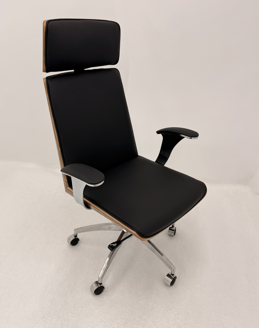 Black Leather Executive Office Chair with Walnut Veneer Shell - YS1205A