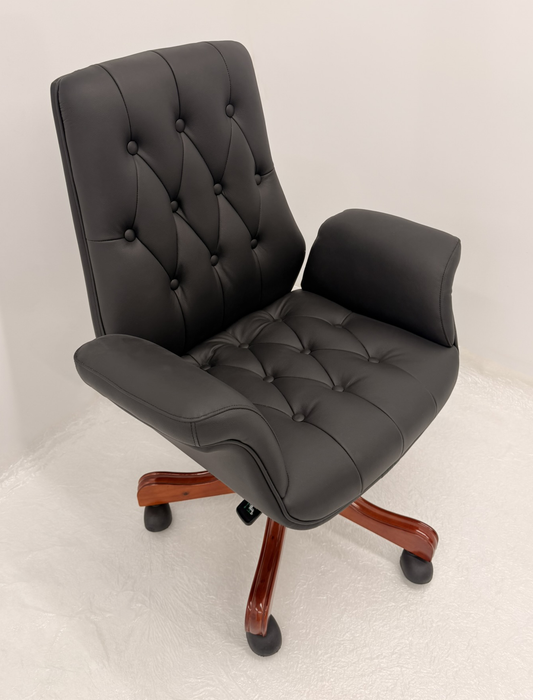 Luxury Medium Back Black Genuine Leather Executive Chesterfield Office Chair - Reclining Feature - 2302B